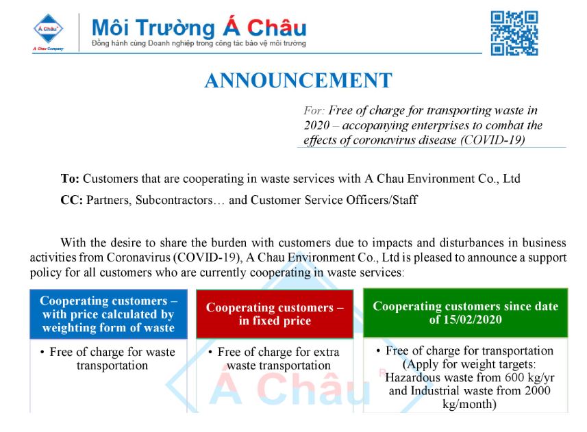 [THÔNG BÁO] - Miễn phí chi phí vận chuyển chất thải trong năm 2020 - đồng hành cùng Doanh nghiệp trước các ảnh hưởng của dịch bệnh do virus corona