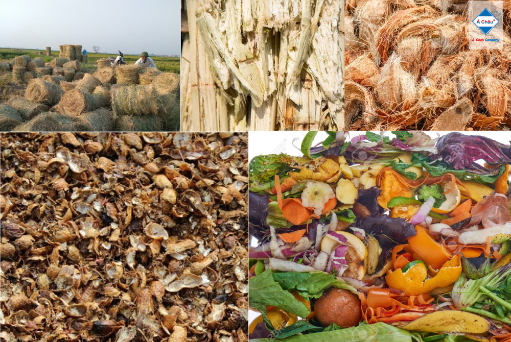 agricultural by-products: bagasse, rice hulls, cashew shells, coconut shells, straws,...