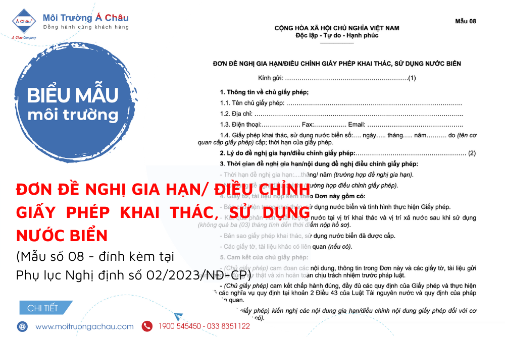 Biểu mẫu Đơn đề nghị gia hạn/điều chỉnh giấy phép khai thác, sử dụng nước biển