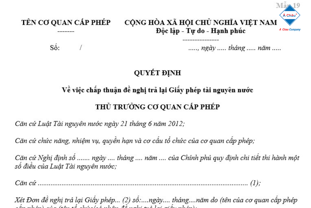 Quyết định chấp thuận đề nghị trả lại Giấy phép tài nguyên nước