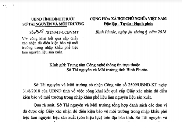 Sở TN&MT tỉnh Bình Phước: Công khai kết quả cấp Giấy xác nhận đủ điều kiện bảo vệ môi trường trong nhập khẩu phế liệu làm nguyên liệu sản xuất